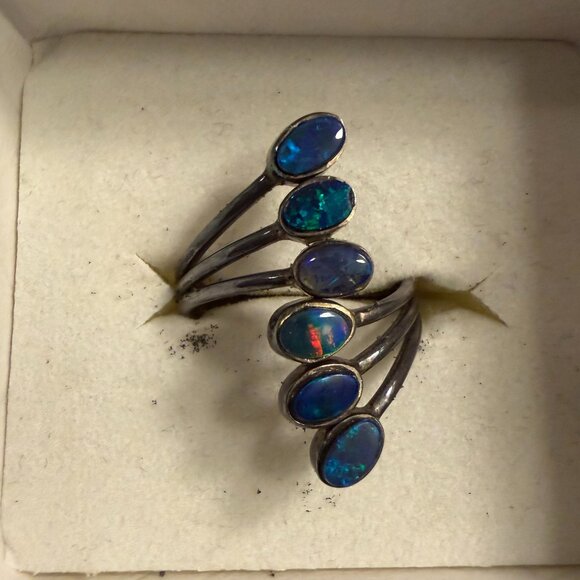 Genuine Australian Blue Opal Ring • Handmade Multi-Stone Sterling Silver